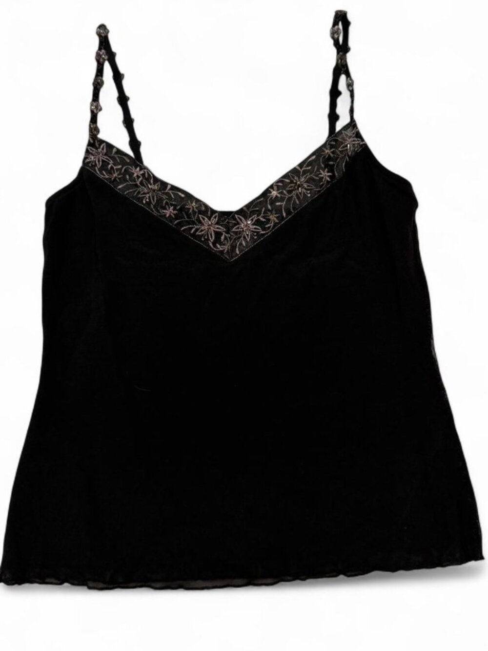 Y2K Casadei Brand Black Micro Mesh cami  floral embroidery neckline and strap